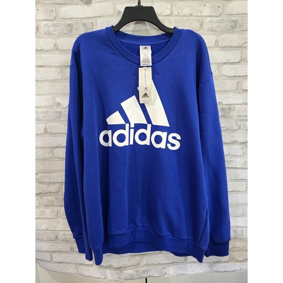 Adidas Fleece Sweatshirt Men Sz XL Royal Blue Pullover Long Sleeve Crew Neck NWT - Picture 1 of 9